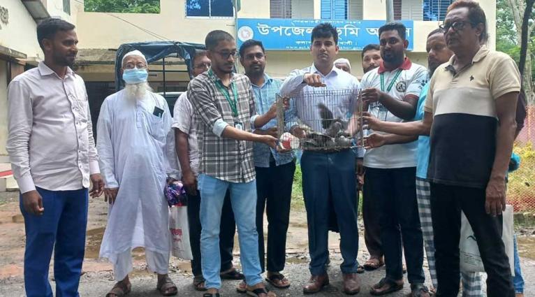 কলাপাড়ায় উদ্ধারকৃত তিলা ঘুঘু অবমুক্ত করছেন সহকারী কমিশনার (ভূমি) ইয়াসিন সাদীক। পাশে ছিলেন ‘এনিমেল লাভারস অফ পটুয়াখালী’র সদস্যরা