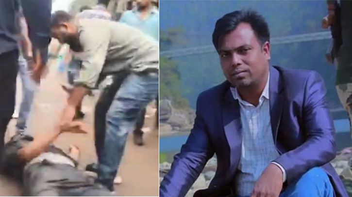 নৃশংসভাবে পেটানো হচ্ছে আনোয়ার হোসেনকে (বায়ে) ও আসাদুজ্জামান তুহিন