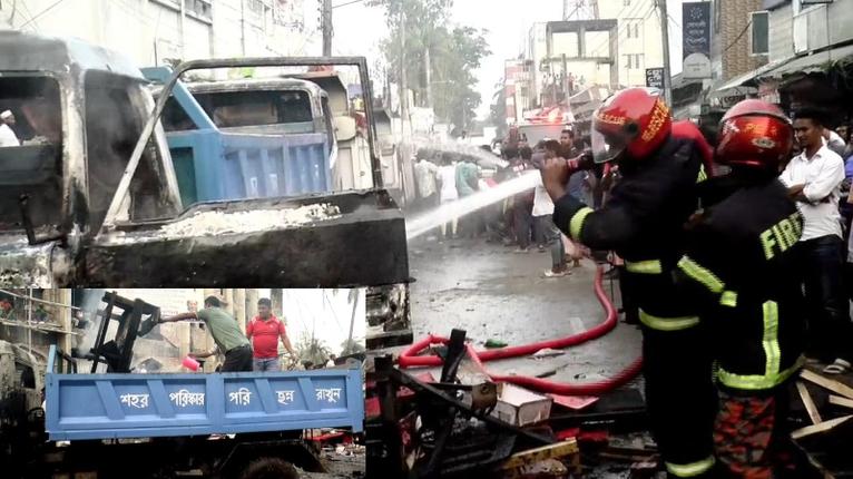 ভোলা পৌরসভার তিনটি গাড়িতে আগুন, উচ্ছেদ অভিযানে সংঘর্ষ