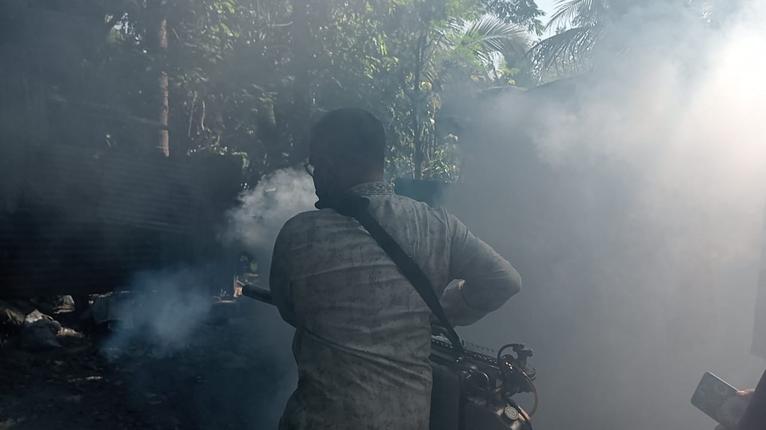 মশার লার্ভা ধ্বংসে ফগার মেশিনের মাধ্যমে স্প্রে করা হচ্ছে।