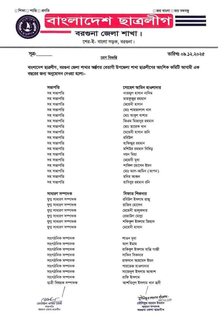 বরগুনায় মধ্যে রাতে নিষিদ্ধ ছাত্রলীগের কমিটি ঘোষণা