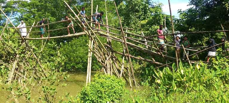দুমকিতে ভাঙা বাঁশের সাঁকো দু‘পারের মানুষের ‘মরণ ফাঁদ’