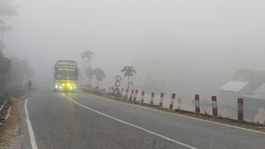 নাজিরপুরে জেঁকে বসেছে শীত, হেডলাইট জ্বেলে চলছে যানবাহন