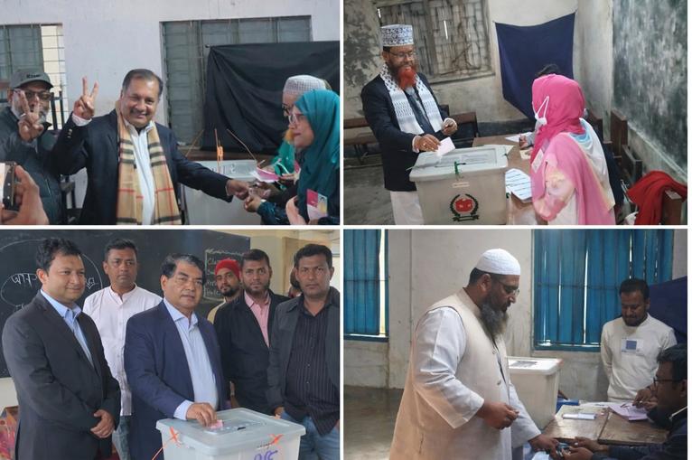 বরিশাল-১ আসনের প্রার্থীদের বিভিন্ন কেন্দ্রে ভোটদানের দৃশ্য