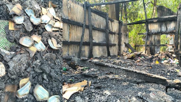 পুড়ে যাওয়া টাকা (বামে) ও ভস্মীভূত ব্যবসা প্রতিষ্ঠান (ডানে)