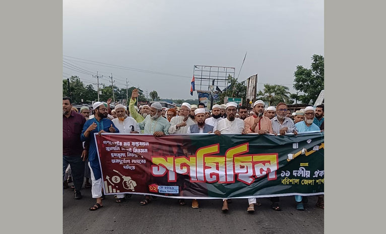 বাবুগঞ্জে ১১ দলীয় ঐক্য জোটের বিক্ষোভ ও গণমিছিল