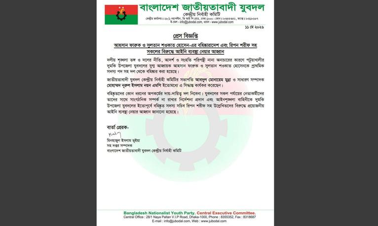 দুমকিতে শৃঙ্খলাভঙ্গের অভিযোগে যুবদলের দুই নেতা বহিষ্কার