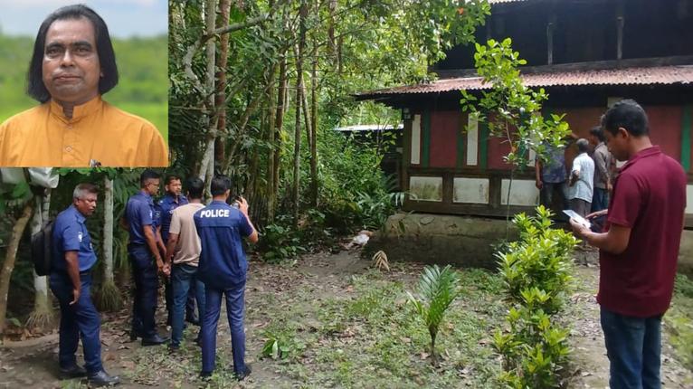 পুলিশ মরদেহ উদ্ধারের প্রক্রিয়া শুরু করার সময় ছবিটি তোলা হয়েছে। ইনসেটে নির্মল ওঝা’র সংগৃহীত ছবি।